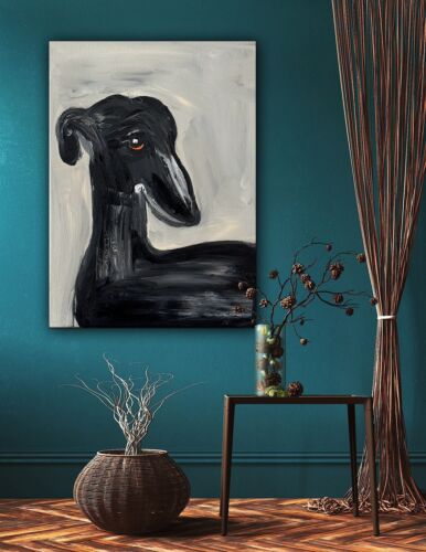 Original Abstract Oil Painting On 30x40cm Canvas Toupe Background Grayhound dog
