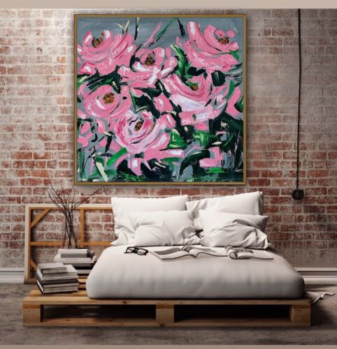 Framed Contemporary Abstract Original Oil Painting On 80x80cm Canvas Pink Roses