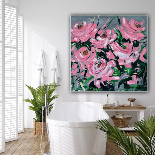Framed Contemporary Abstract Original Oil Painting On 80x80cm Canvas Pink Roses