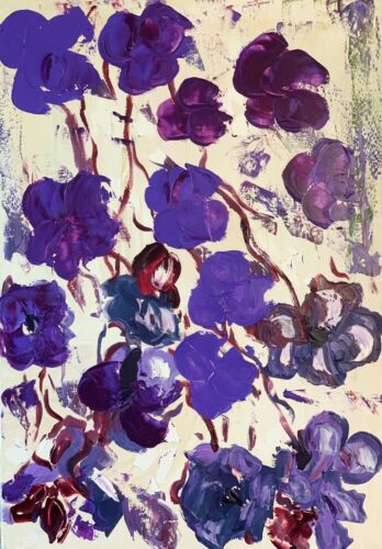 Warhol Style Original Abstract Oil Painting On Canvas 66x44cm Purple Flowers Oka