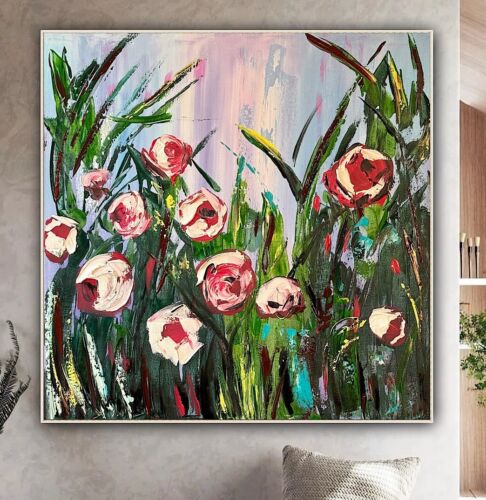 Framed Original Abstract Oil Painting On Canvas 80x80cm Summer Roses Textured