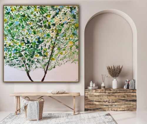 Framed Monet Style Original Abstract Oil Painting On Canvas 100x100cm Emerald Bloom Oka floral