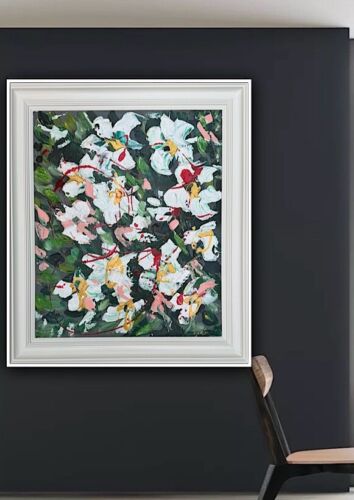 Framed Oka Original Abstract Oil Painting Canvas 70x60cm White Roses Spread II