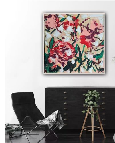 Framed Original Abstract Contemporary Oil Painting On Canvas 45x45cm Roses Oka