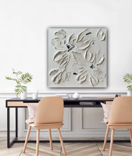 Textured Lily Black &White Modern Abstract oil Painting On Canvas 30x30cm In Oka