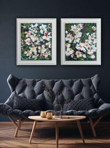Framed Original Abstract Oil Painting On Canvas 70x60cm White Roses Spread 1 Oka
