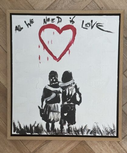 Framed Abstract Original Oil Painting 39x35cm ‘All You Need Love’ Graffiti Art