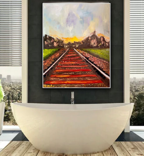 Richter StyLe Abstract original Oil Painting On Canvas 76 X 62cm Train Tracks