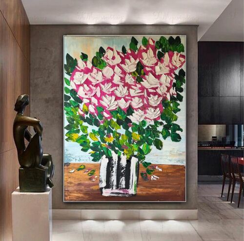 Large Abstract Original Oil Painting On 100x80cm canvas Flowers White Roses II