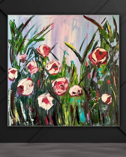 Framed Original Abstract Oil Painting On Canvas 80x80cm Summer Roses Textured