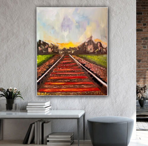 Richter StyLe Abstract original Oil Painting On Canvas 76 X 62cm Train Tracks