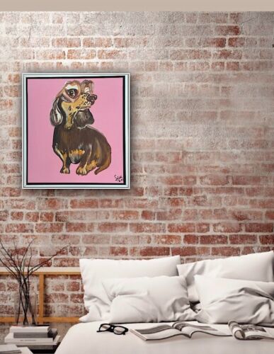 Framed Original Abstract Contemporary Oil Painting On Canvas 38x35xm Sausage Dog