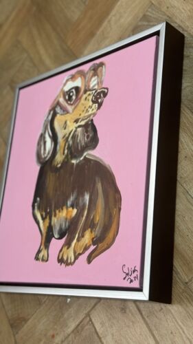 Framed Original Abstract Contemporary Oil Painting On Canvas 38x35xm Sausage Dog