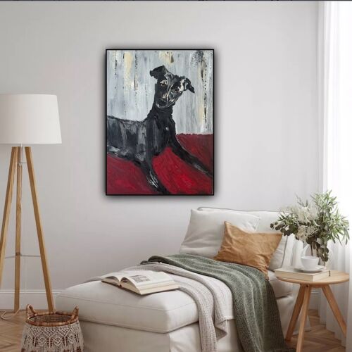 Original Abstract Oil Painting On 30x40cm Canvas Toupe Background Whippet dog