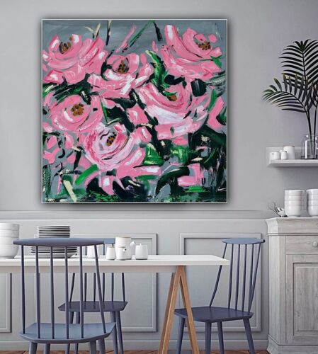 Framed Contemporary Abstract Original Oil Painting On 80x80cm Canvas Pink Roses