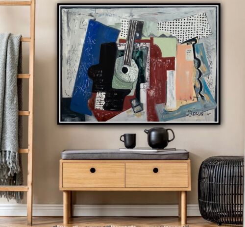 Abstract Oil Painting On 2cm Canvas 80x60cm Door, Guitar & Bottles study