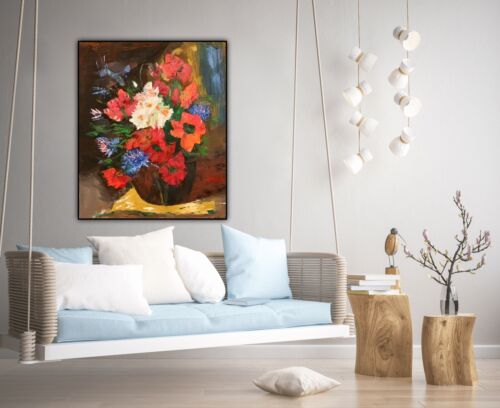 Renoir Original Abstract Oil Painting On Canvas 50X60cm Playful Flowers In Oka