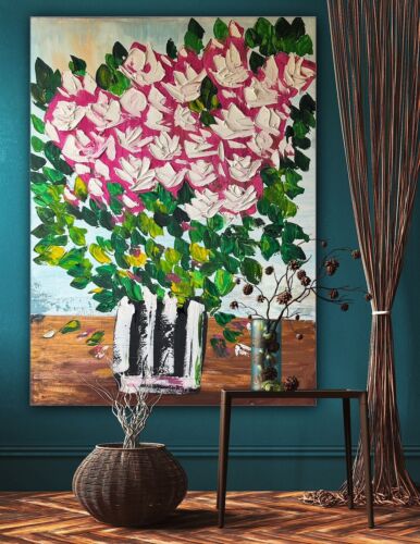 Large Abstract Original Oil Painting On 100x80cm canvas Flowers White Roses II