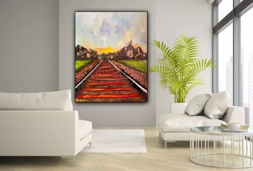 Richter StyLe Abstract original Oil Painting On Canvas 76 X 62cm Train Tracks