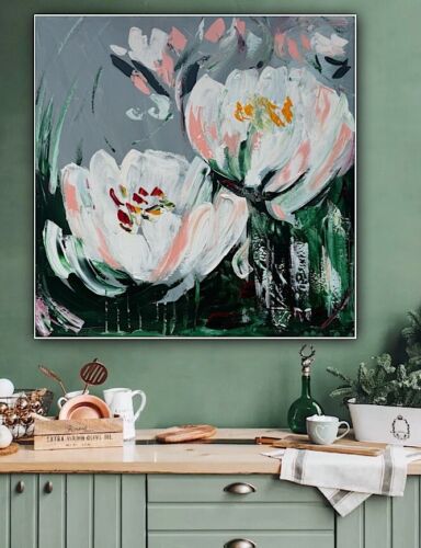 Framed Contemporary Abstract Original Oil Painting On 80x80cm Canvas White Tulips
