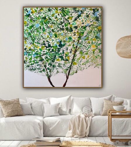 Framed Monet Style Original Abstract Oil Painting On Canvas 100x100cm Emerald Bloom Oka floral