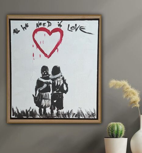 Framed Abstract Original Oil Painting 39x35cm ‘All You Need Love’ Graffiti Art