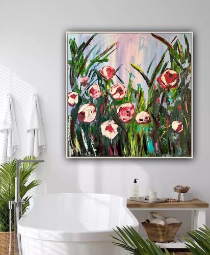 Framed Original Abstract Oil Painting On Canvas 80x80cm Summer Roses Textured