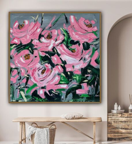 Framed Contemporary Abstract Original Oil Painting On 80x80cm Canvas Pink Roses