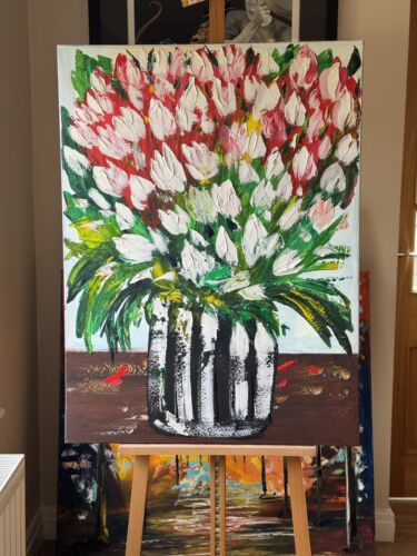 Large Abstract Original Oil Painting On 100x80cm canvas Flowers White Tulips III
