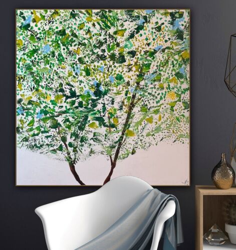 Framed Monet Style Original Abstract Oil Painting On Canvas 100x100cm Emerald Bloom Oka floral