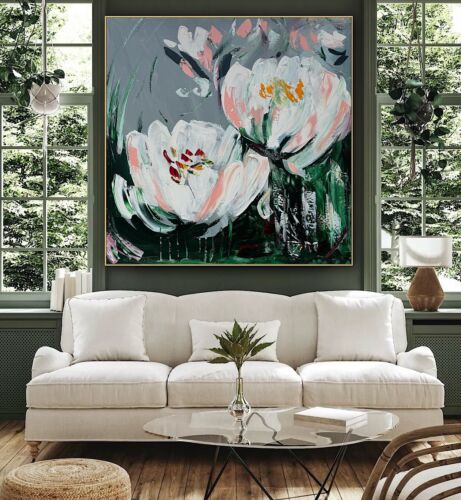 Framed Contemporary Abstract Original Oil Painting On 80x80cm Canvas White Tulips