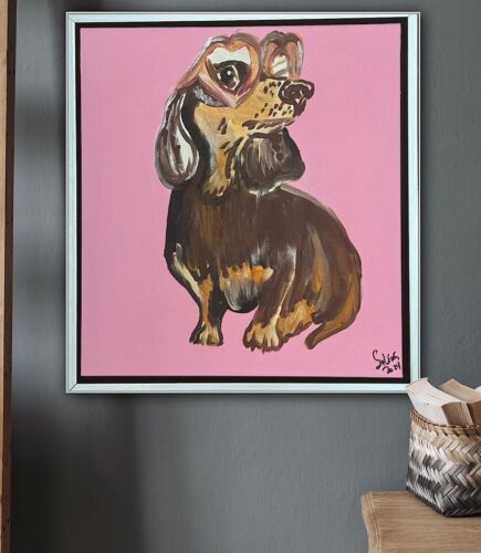 Framed Original Abstract Contemporary Oil Painting On Canvas 38x35xm Sausage Dog