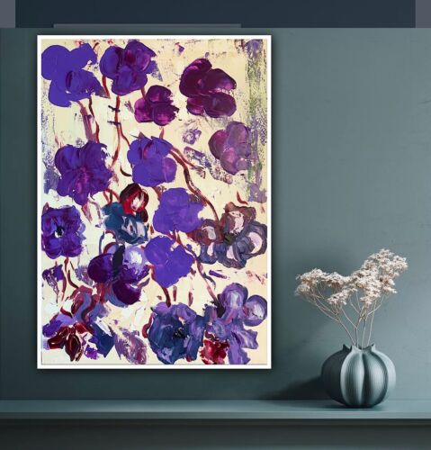Warhol Style Original Abstract Oil Painting On Canvas 66x44cm Purple Flowers Oka