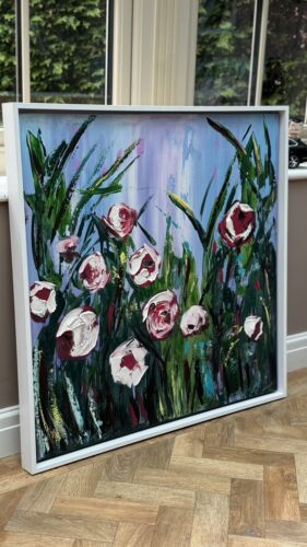 Framed Original Abstract Oil Painting On Canvas 80x80cm Summer Roses Textured