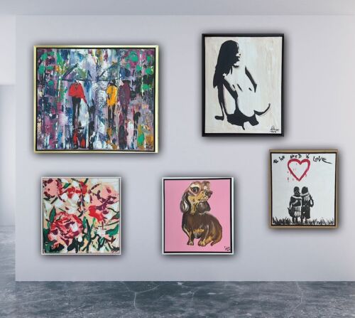Framed Abstract Original Oil Painting 39x35cm ‘All You Need Love’ Graffiti Art