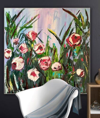 Framed Original Abstract Oil Painting On Canvas 80x80cm Summer Roses Textured