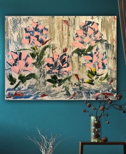 Oka Contemporary Abstract Original Oil Painting 80x60cm Whispers Of pink Peonies flowers
