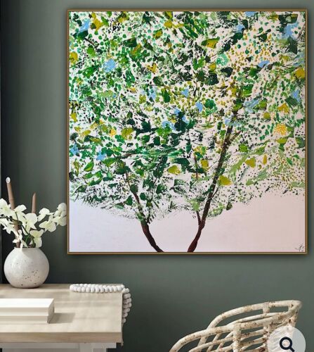 Framed Monet Style Original Abstract Oil Painting On Canvas 100x100cm Emerald Bloom Oka floral
