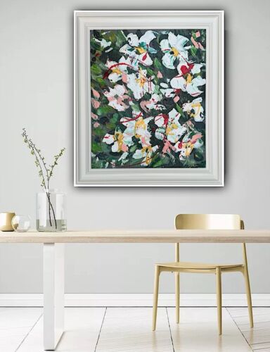 Framed Oka Original Abstract Oil Painting Canvas 70x60cm White Roses Spread II