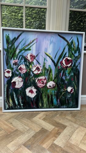 Framed Original Abstract Oil Painting On Canvas 80x80cm Summer Roses Textured