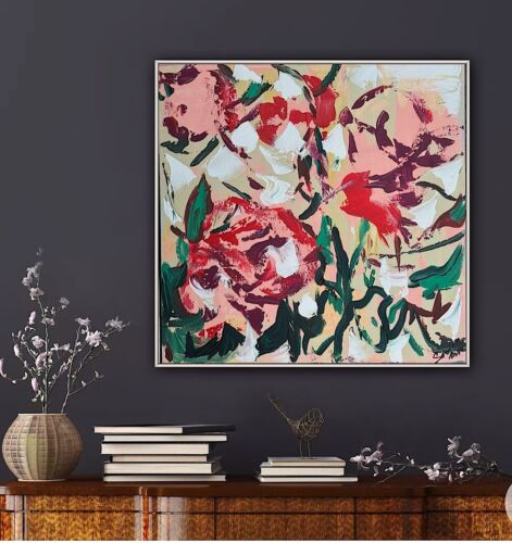 Framed Original Abstract Contemporary Oil Painting On Canvas 45x45cm Roses Oka