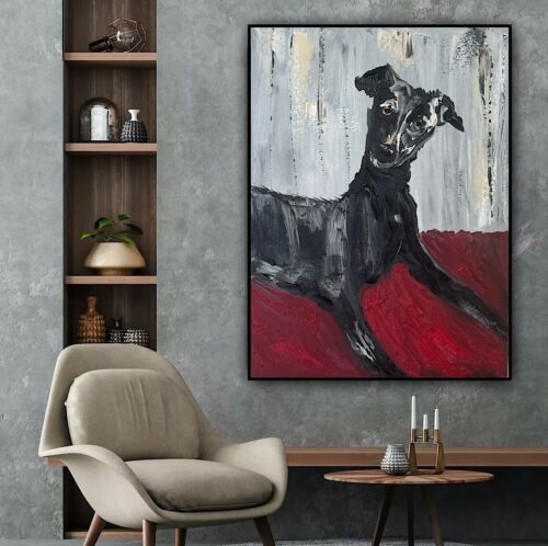 Original Abstract Oil Painting On 30x40cm Canvas Toupe Background Whippet dog