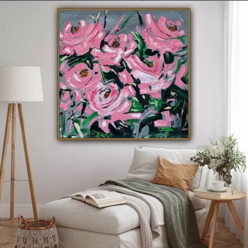 Framed Contemporary Abstract Original Oil Painting On 80x80cm Canvas Pink Roses