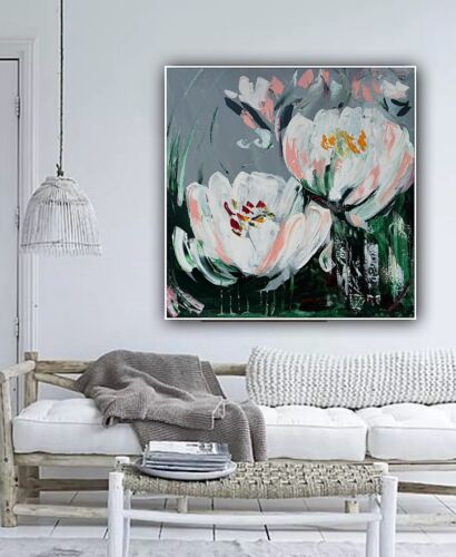 Framed Contemporary Abstract Original Oil Painting On 80x80cm Canvas White Tulips