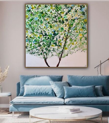 Framed Monet Style Original Abstract Oil Painting On Canvas 100x100cm Emerald Bloom Oka floral