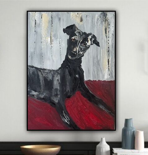 Original Abstract Oil Painting On 30x40cm Canvas Toupe Background Whippet dog