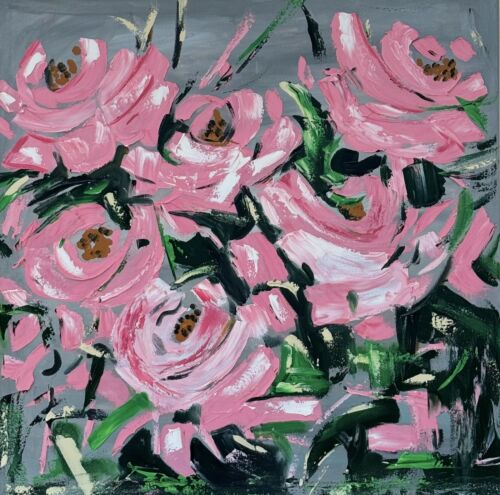 Framed Contemporary Abstract Original Oil Painting On 80x80cm Canvas Pink Roses