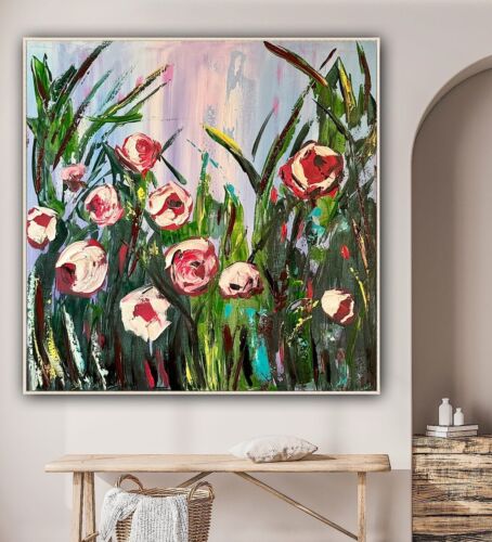 Framed Original Abstract Oil Painting On Canvas 80x80cm Summer Roses Textured