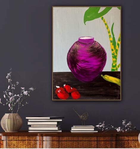 Large Abstract Original Oil Painting On 60 X 46cm canvas Exotic Vase Still life