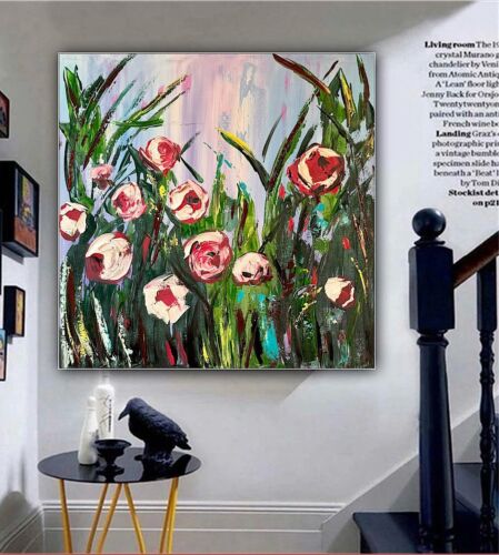 Framed Original Abstract Oil Painting On Canvas 80x80cm Summer Roses Textured